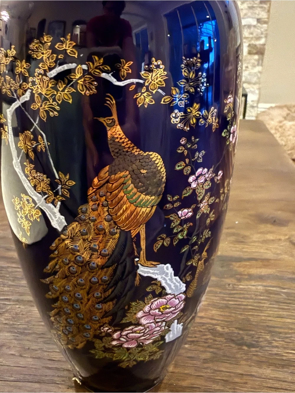 Japanese Cobalt Blue Vase, Peacock & Peony Motifs, Glazed Pottery